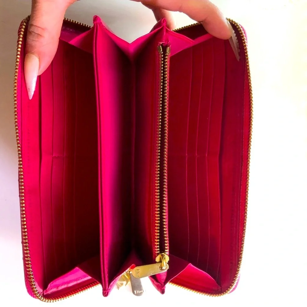 🩷 Lady DIOR Christian Dior Cannage Pink Patent Leather Long Zippy Wallet Charm